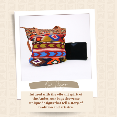 Handbag Andean Design w/ Brown Leather Geometric Pattern