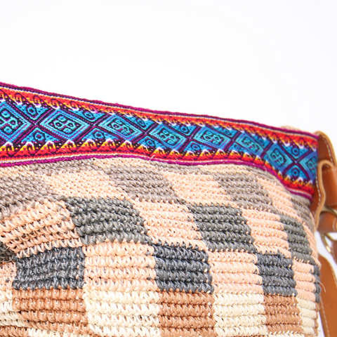 Cabuya Shigra Bag w/ Leather Strap & Andean Pattern Square Design Blue Strap