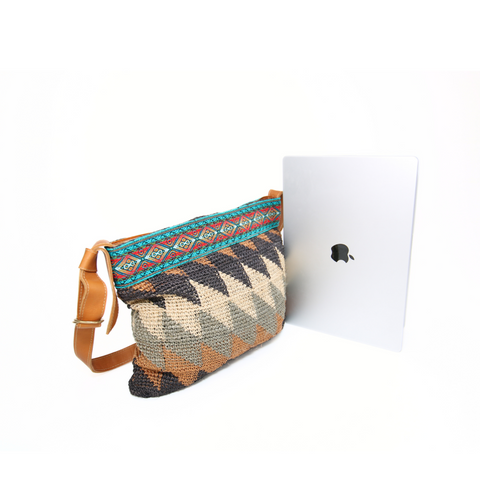 Cabuya Shigra Bag w/ Leather Strap & Andean Pattern Waves Design Red and Green Strap