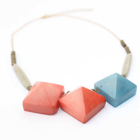Pink and Blue Pyramid Tagua Necklace