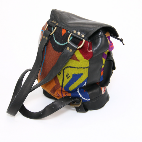 black leather patchwork backpack Backpack Andean Design w/ Black Leather and Purple and Orange – Made in the Andes
