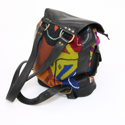 Backpack Andean Design w/ Black Leather and Purple and Orange