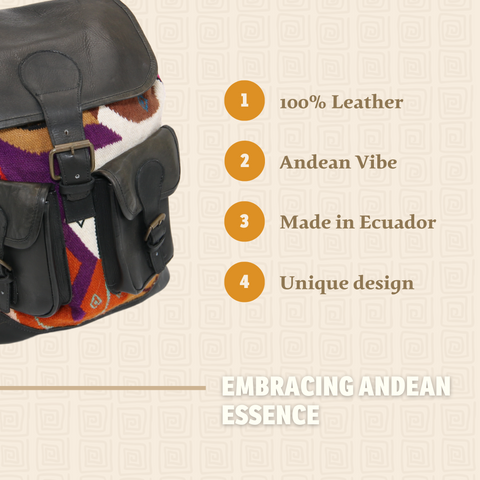 Backpack Andean Design w/ Black Leather and Purple and Orange