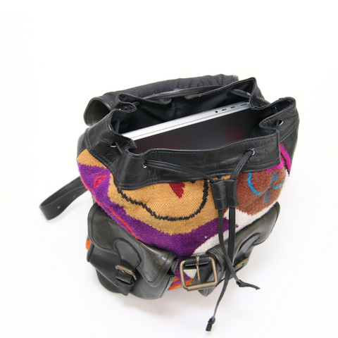 Backpack Andean Design w/ Black Leather and Purple and Orange