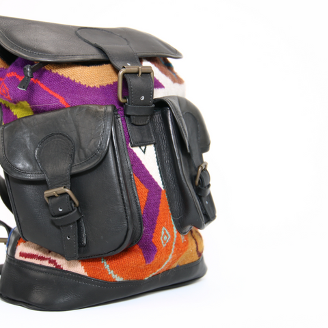 Backpack Andean Design w/ Black Leather and Purple and Orange