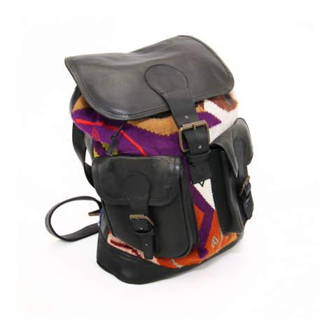 Backpack Andean Design w/ Black Leather and Purple and Orange