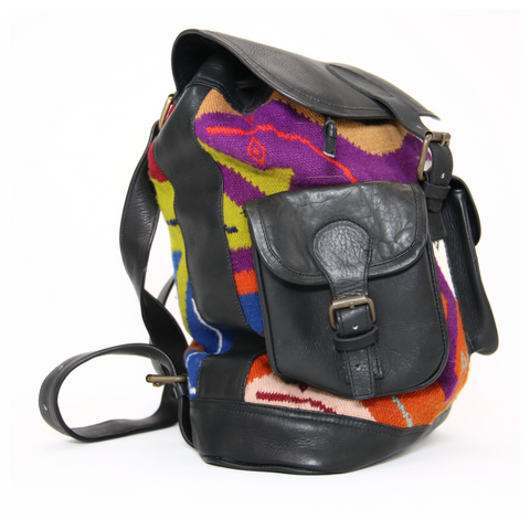 Backpack Andean Design w/ Black Leather and Purple and Orange